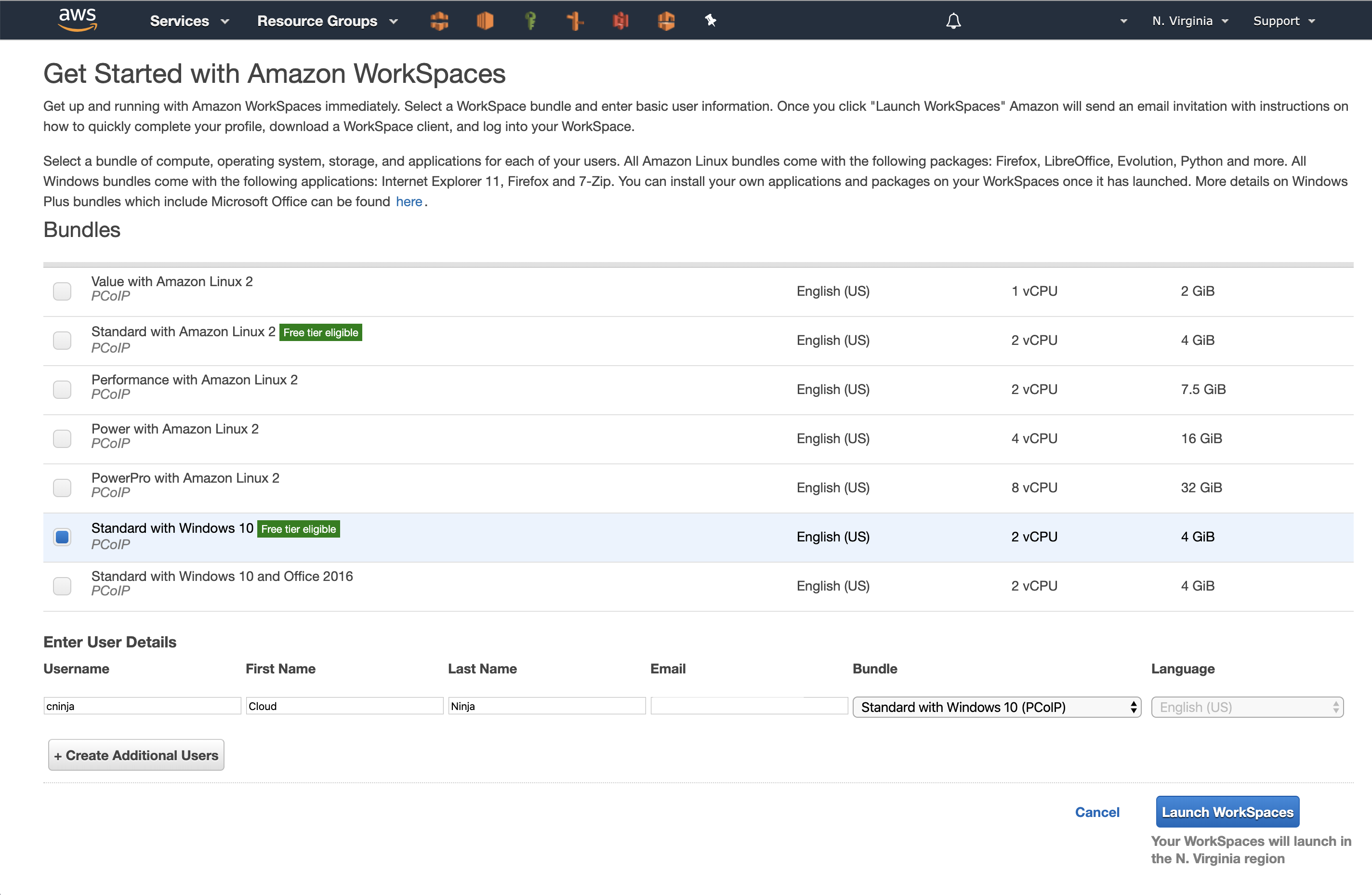 Amazon Workspaces Bundle Selection