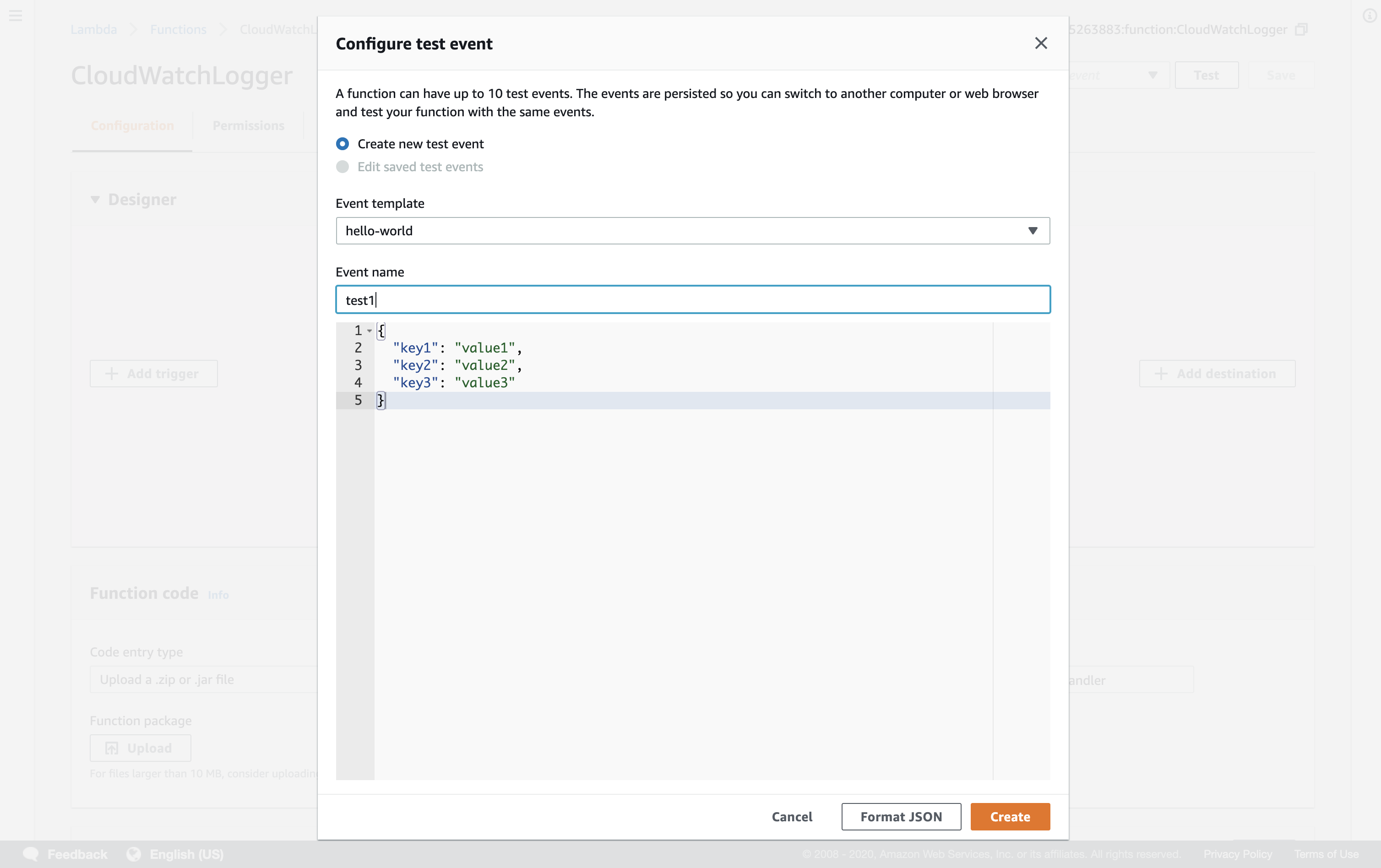 AWS Console showing a Lambda function test